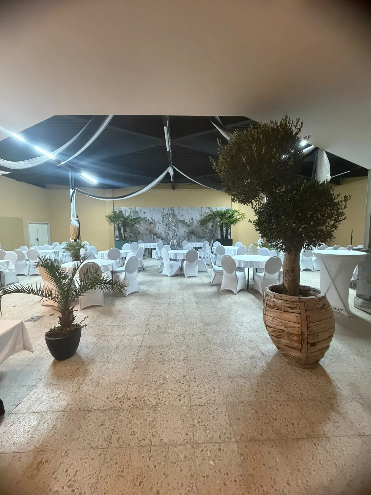 Indoorraum mit Pflanzen und weißer Dekoration für eine Feier
